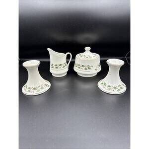 Vintage Set Of Porcelain Ware Creamer & Sugar Bowl/Lid & 2 Candle Holders EUC